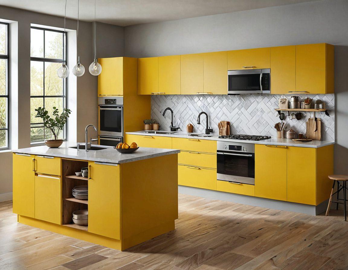 A sleek, modern kitchen and living space with stylish, ready-to-assemble cabinets showcasing innovative storage solutions. Show diverse textures and materials, highlighting ease of assembly and trend-setting designs. Include an organized, clutter-free aesthetic with a splash of vibrant colors and smart storage compartments. Super-realistic. Vibrant colors. Bright, inviting atmosphere.