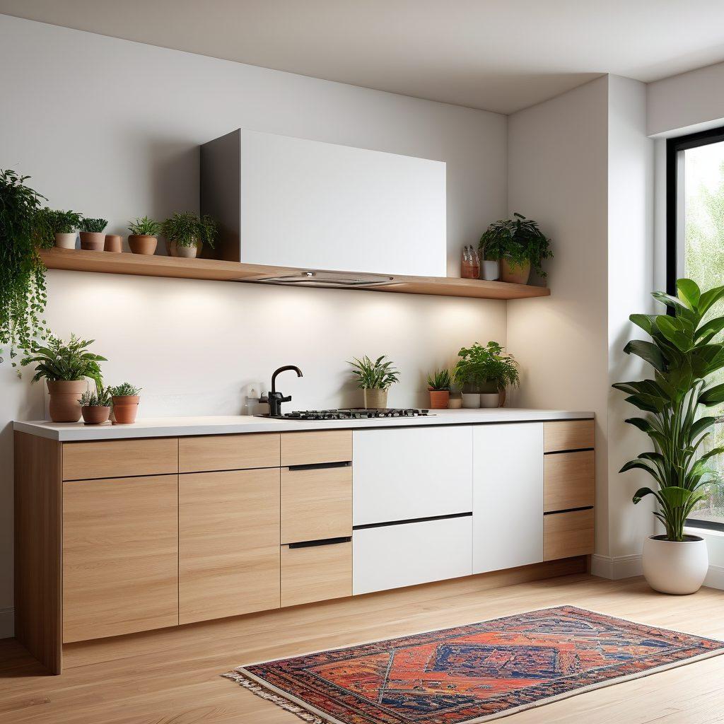 A modern, stylish room featuring sleek, knockdown cabinetry in light wood tones. The cabinets should showcase easy assembly with a few parts and minimal tools laid out on a chic countertop. Include subtle details like plants, ambient lighting, and a cozy rug to enhance the inviting atmosphere. Emphasize the transformation from a plain room to a fashionable, organized space. super-realistic. vibrant colors. white background.