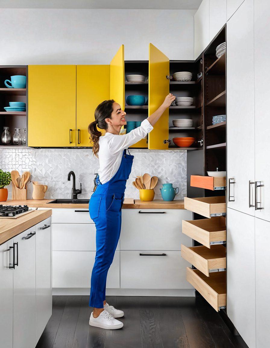 A beautifully transformed kitchen with stylish Ready-To-Assemble (RTA) cabinets in vibrant, modern colors. A person happily assembling the cabinets with DIY tools, surrounded by inspiring decor elements and design books. The scene captures a sunny atmosphere, exuding creativity and satisfaction with the transformation process. super-realistic. vibrant colors. white background.